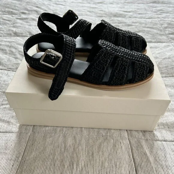 FREDA SALVADOR Sera Fisherman sandal in black raffia, size 7, NEW in box - Picture 8 of 12